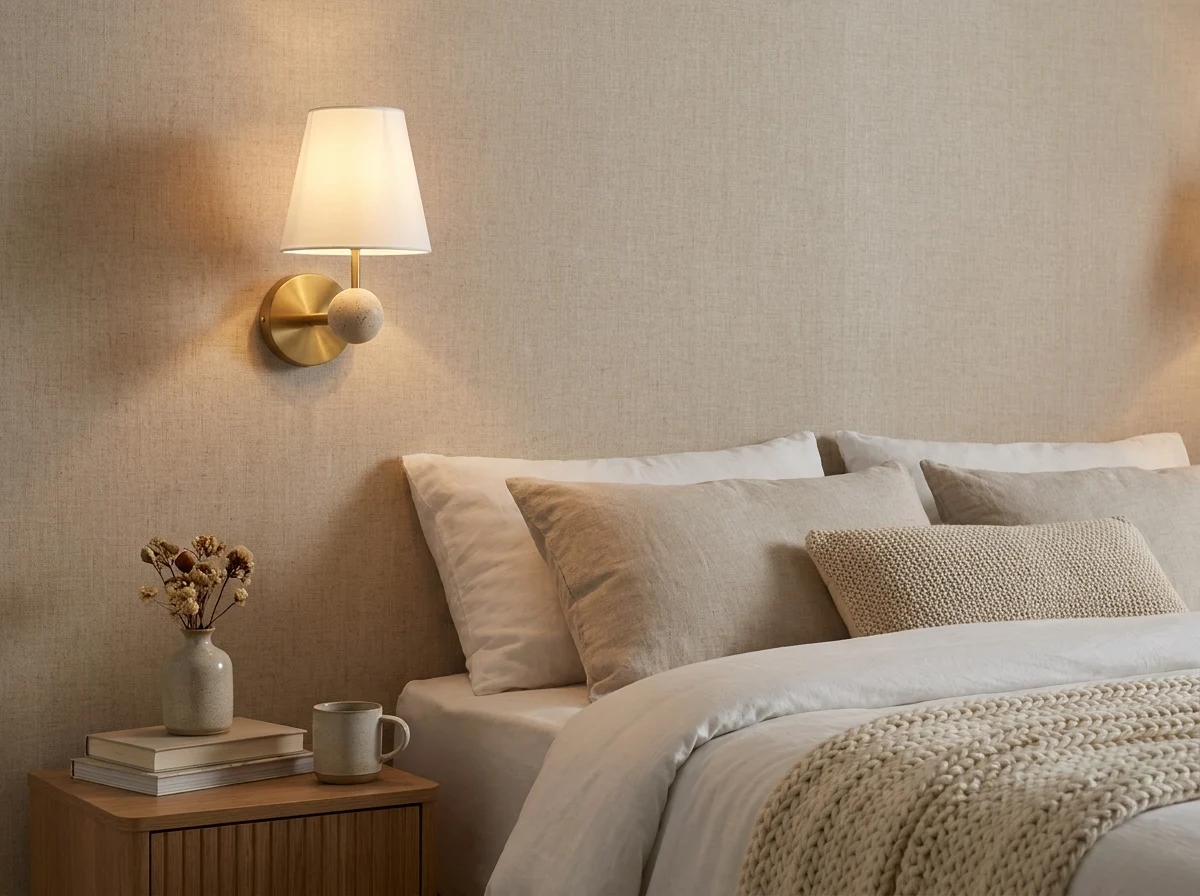 Brushed brass iron wall sconce detail with natural travertine marble sphere accent